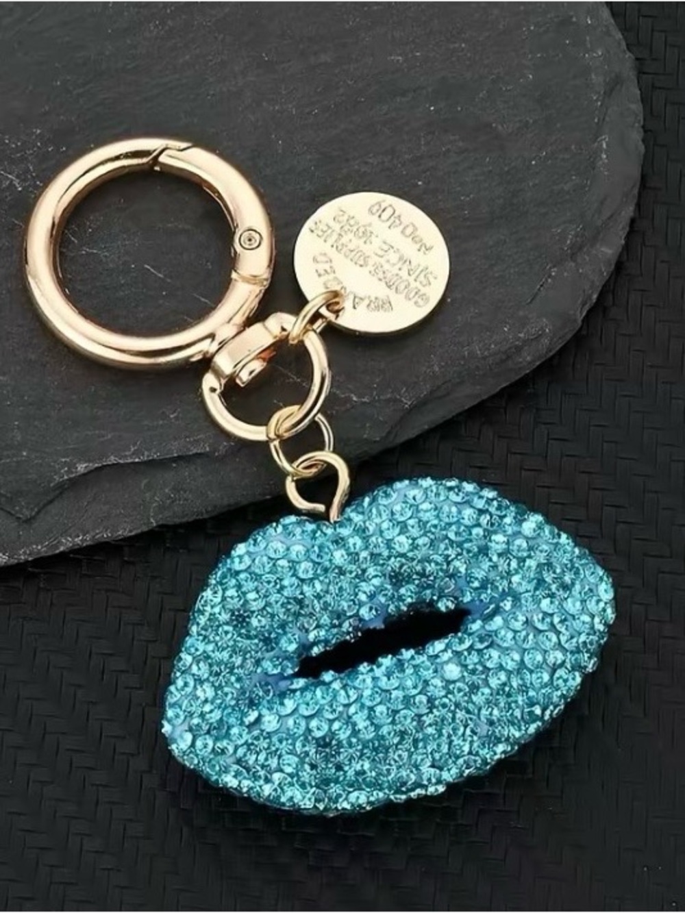 Turquoise Crystal Lip Charm Keyring with Gold Hardware